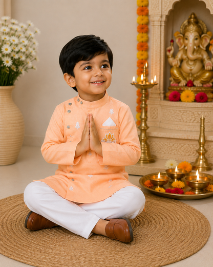 Boys  Peach Sherwani style kurta pant set for traditional Occasions like festivals like Diwali, Onam, Durga Puja/Dussehra, Janmashtami, Raksha Bandhan, Eid Ul Fitr, Ganesh Chaturthi, Navratri, Diwali etc.