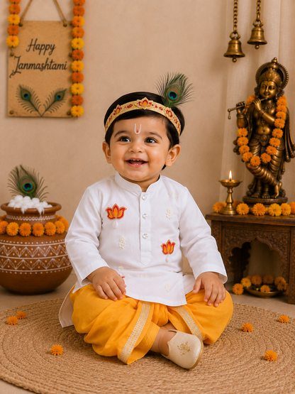 Hovea Ethnic Lotus Appliqued Cotton White kurta and Yellow Dhoti