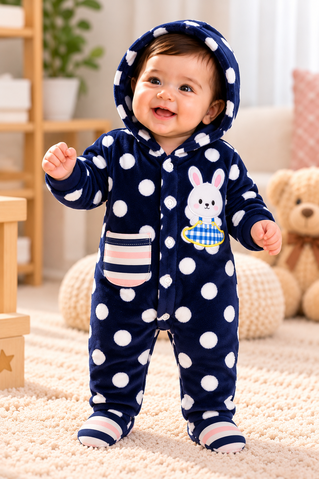 Baby Hooded Fleece Romper for Boys & Girls – Soft Winter Footed Jumpsuit with Bunny Patch
