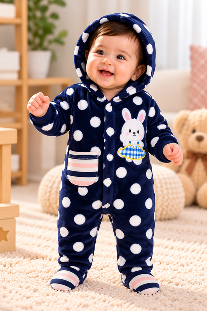 Baby Hooded Fleece Romper for Boys & Girls – Soft Winter Footed Jumpsuit with Bunny Patch