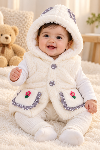 Baby Girls Fluffy Hooded Winter Jacket with Ears & Floral Pockets | Pink & Cream