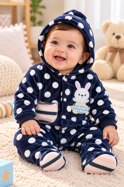 Baby Hooded Fleece Romper for Boys & Girls – Soft Winter Footed Jumpsuit with Bunny Patch