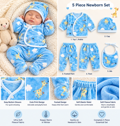 5-Piece Newborn Baby Winter Set – Soft Fleece Nightwear