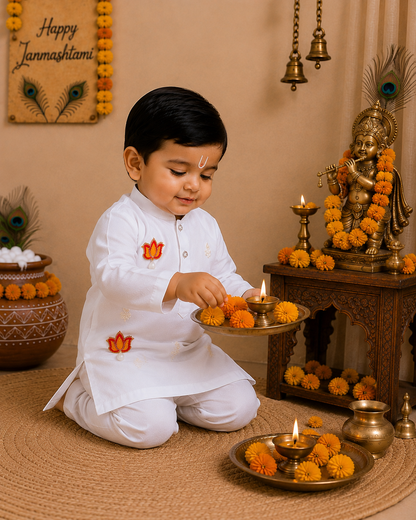 Hovea Ethnic Lotus Appliqued Cotton White kurta and Yellow Dhoti