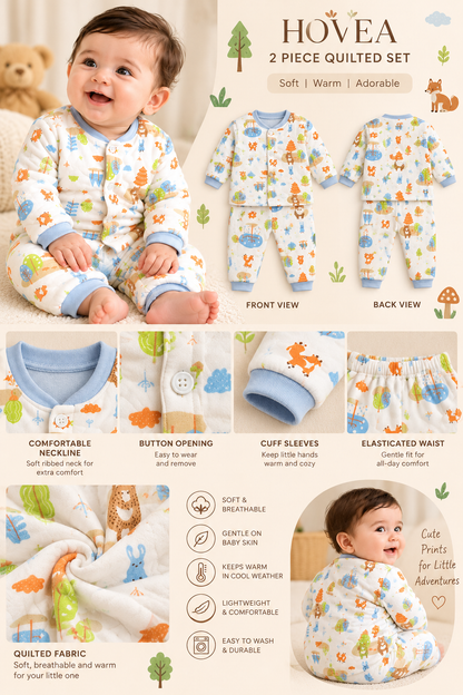 Baby Unisex Quilted Winter Co-Ord Set with Cute Forest Animal Print – Full Sleeve Top & Bottom