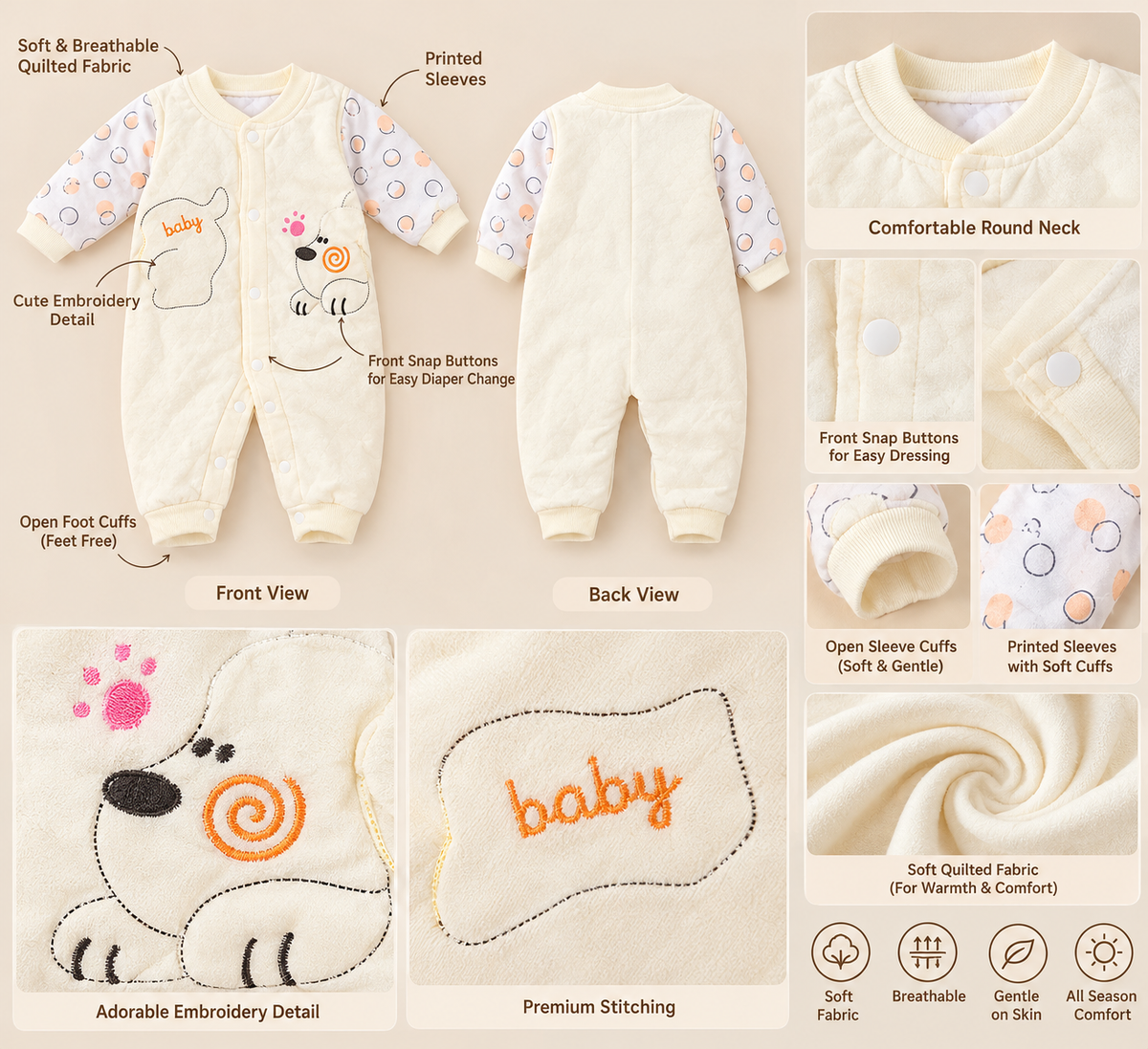 Baby Quilted Winter Romper for Boys & Girls – Pink & Cream