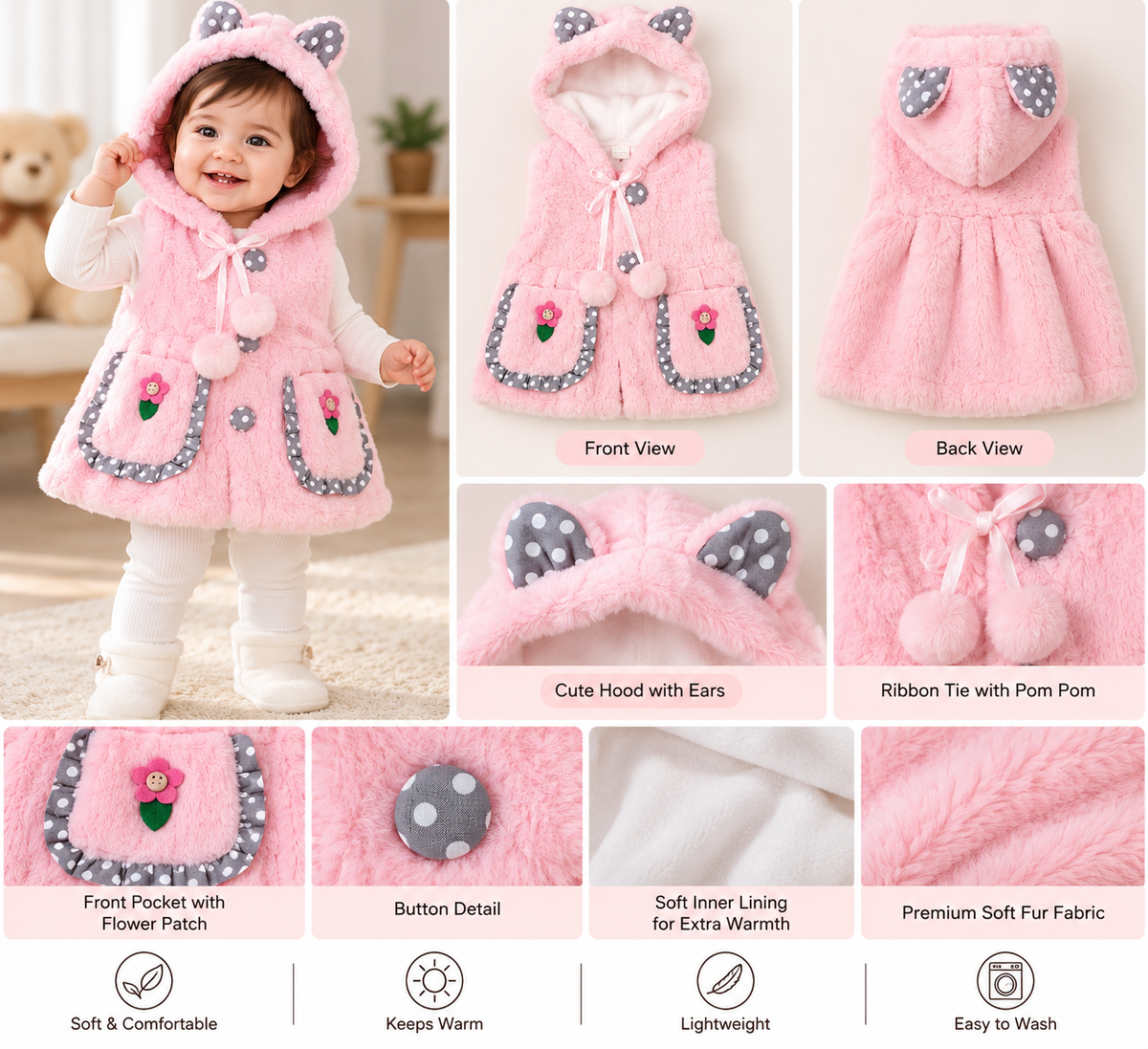 Baby Girls Fluffy Hooded Winter Jacket with Ears & Floral Pockets | Pink & Cream