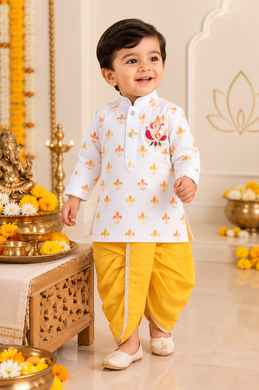 Hovea Hand painted Ganesha dhoti kurta set For Boys