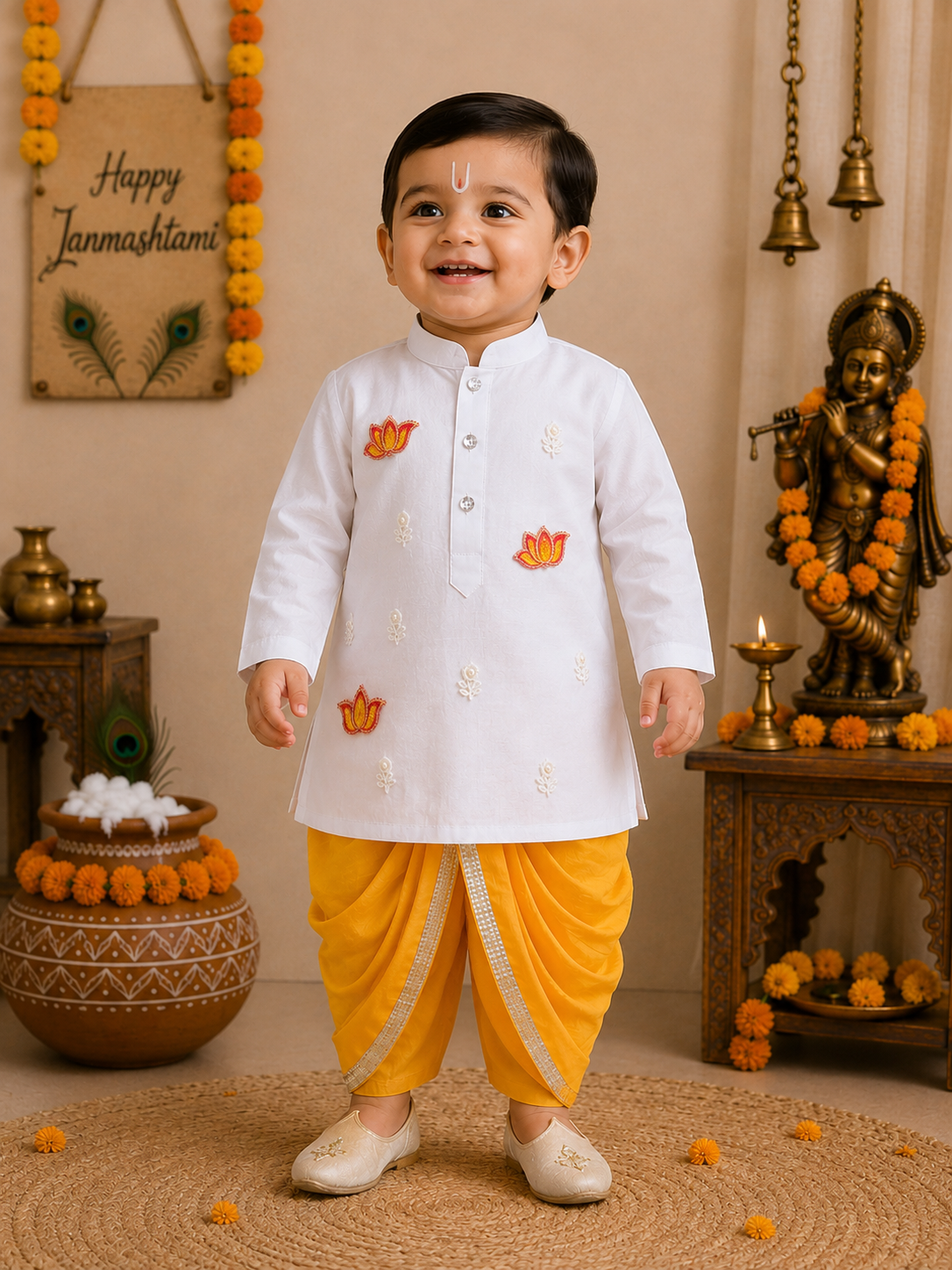 Hovea Ethnic Lotus Appliqued Cotton White kurta and Yellow Dhoti