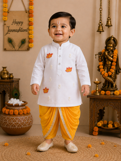 Hovea Ethnic Lotus Appliqued Cotton White kurta and Yellow Dhoti