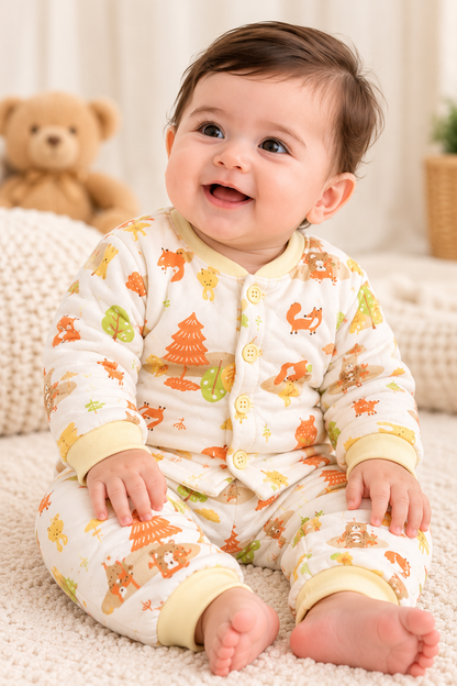 Baby Unisex Quilted Winter Co-Ord Set with Cute Forest Animal Print – Full Sleeve Top & Bottom