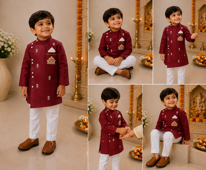 Boys  Meroon Sherwani style kurta pant set for traditional Occasions like festivals like Diwali, Onam, Durga Puja/Dussehra, Janmashtami, Raksha Bandhan, Eid Ul Fitr, Ganesh Chaturthi, Navratri, Diwali etc.