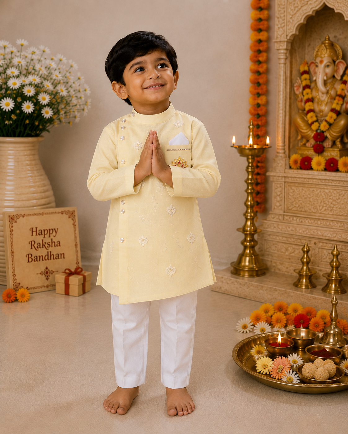 Boys Yellow Sherwani style kurta pant set for traditional Occasions like festivals like Diwali, Onam, Durga Puja/Dussehra, Janmashtami, Raksha Bandhan, Eid Ul Fitr, Ganesh Chaturthi, Navratri, Diwali etc.