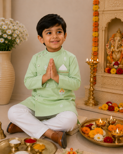 Boys Pale  Sherwani style kurta pant set for traditional Occasions like festivals like Diwali, Onam, Durga Puja/Dussehra, Janmashtami, Raksha Bandhan, Eid Ul Fitr, Ganesh Chaturthi, Navratri, Diwali etc.
