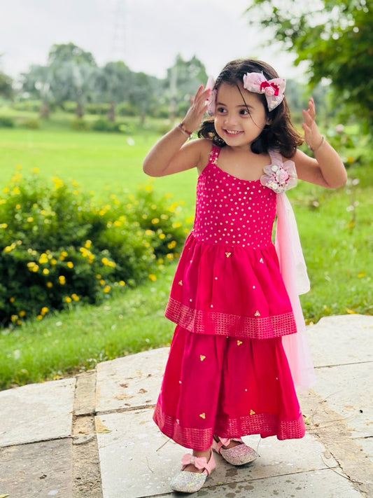 Happyjunglee Girls Pink Sharara Kurta Set | Kids Festive Ethnic Wear with Dupatta